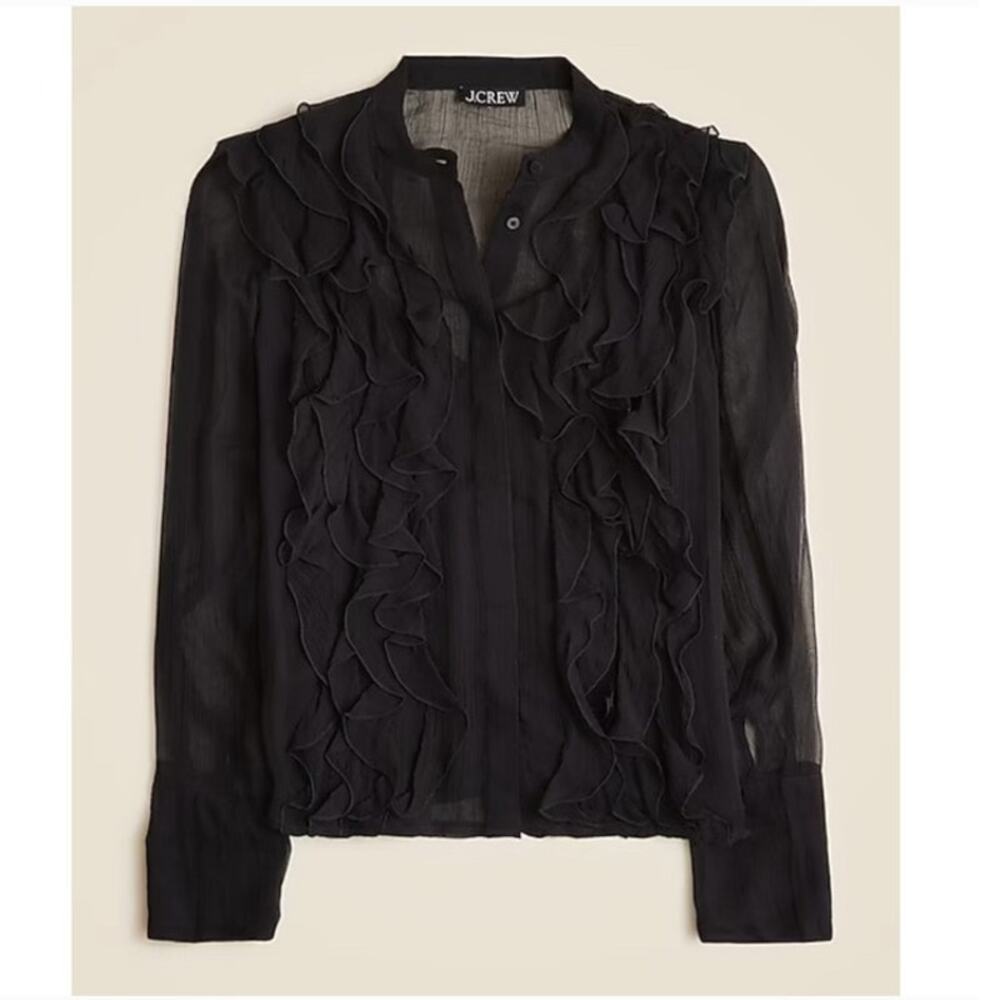 NWT J. Crew Ruffle-Front Top In Crinkle Cupro Shirt Ruffle Black 16